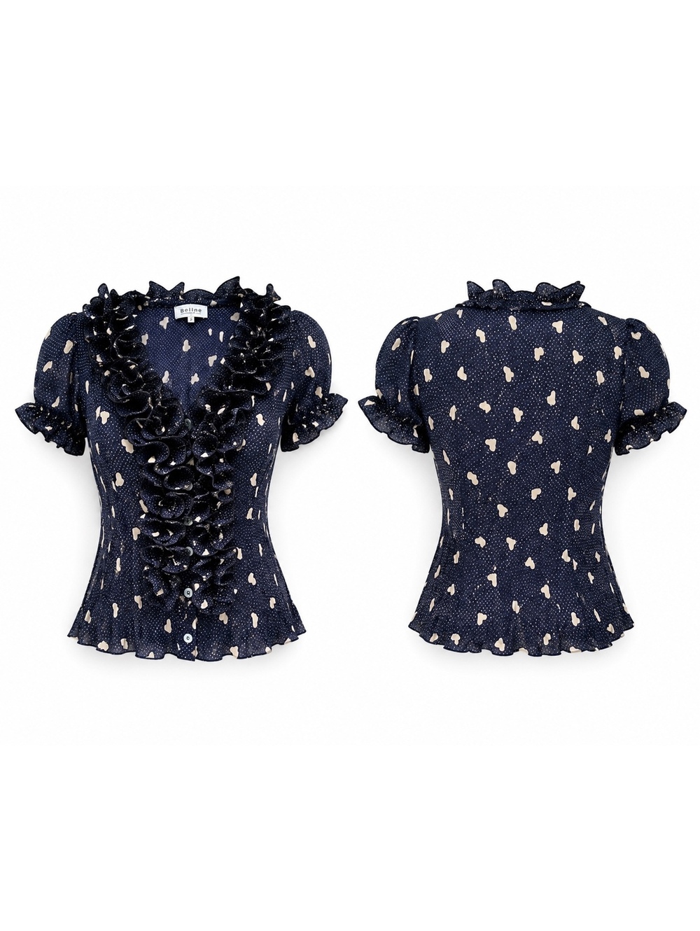 Beline Paris Made in France Ruffle Mousseline Blouse Navy Size 6 Sm/Med - Picture 2 of 11